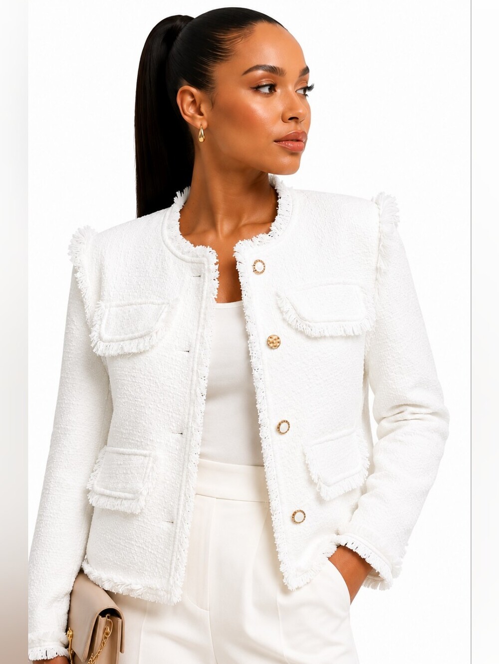 AiYilei Women's Large White Tweed Fringe Jacket Gold Buttons Quilted Lined